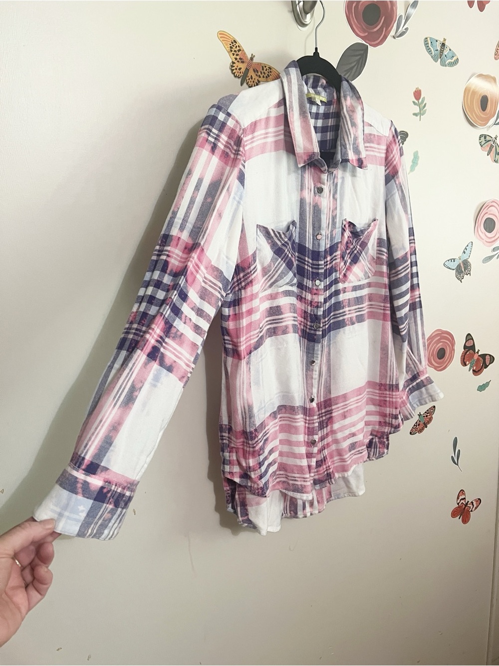 Bleach Dyed Gianni Bini Pink and Purple Plaid Button-Down Shirt M